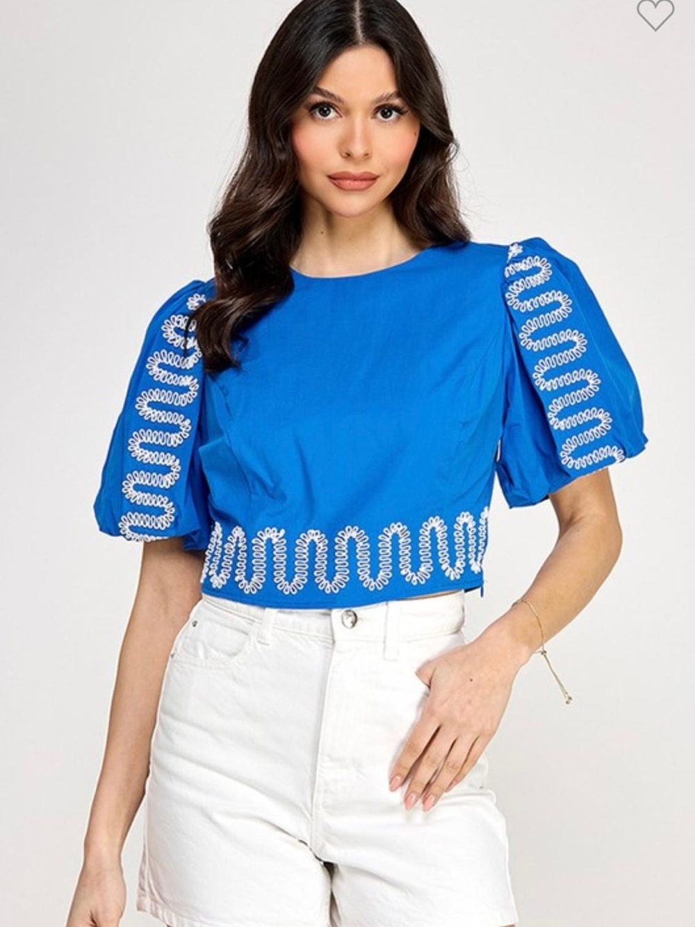 Blue Embroidered Puff-Sleeve Crop Top